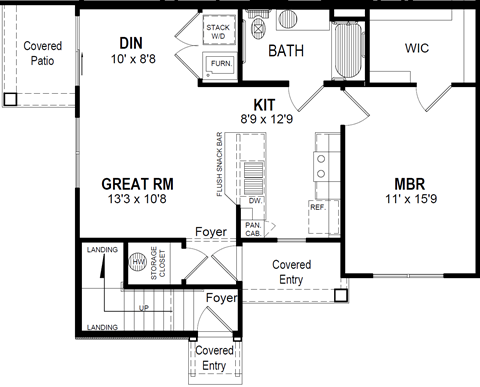 A floor plan of a house with a kitchen, bathroom, and living room.